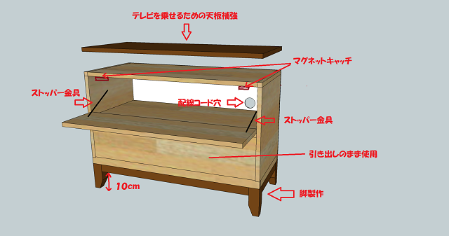 一段の桐たんすに脚をつけてテレビボードにリメイク | 桐たんすの修理 